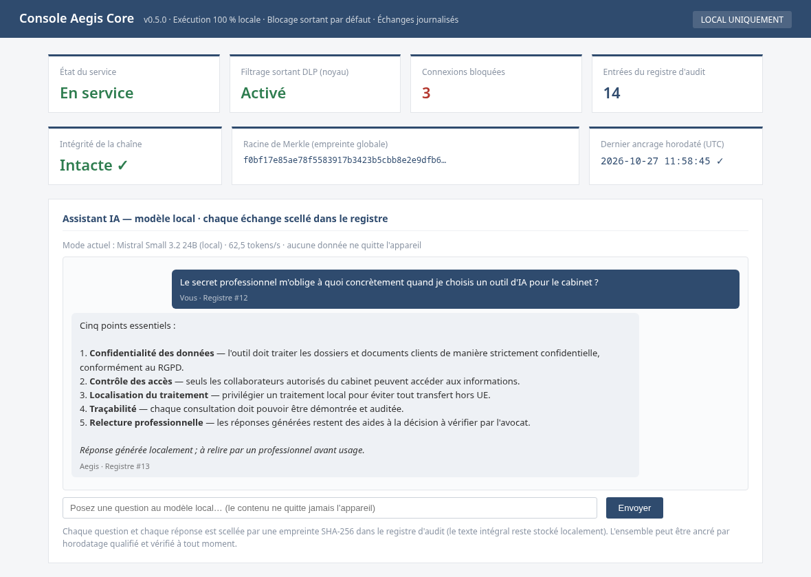Console Aegis Core : assistant IA local, chaque échange scellé dans le registre d'audit
